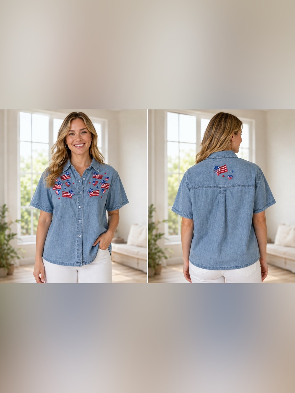 Vintage Button Down Blue Denim Shirt W/Flag Embroidery/Y2K/Patriotic/USA/4th